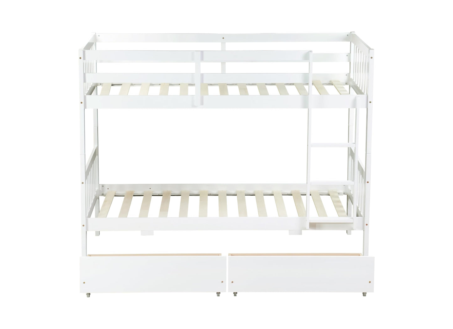 MERITLINE Wood Bunk Bed with Drawers, Convertible Bunk Bed with Ladders and Two Storage Drawers, Solid Wood Detachable Bedframe with Guardrails, Twin Over Twin, White