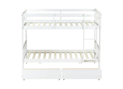 MERITLINE Wood Bunk Bed with Drawers, Convertible Bunk Bed with Ladders and Two Storage Drawers, Solid Wood Detachable Bedframe with Guardrails, Twin Over Twin, White