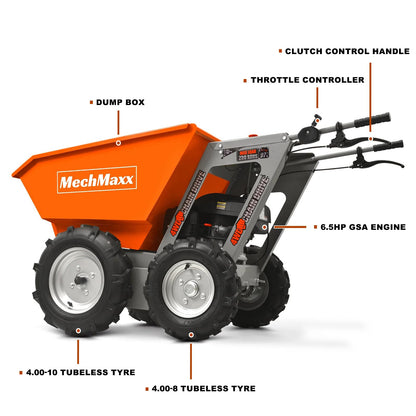 MechMaxx 660lbs Loading Capacity 201cc 6.5HP Gas Powered Wheelbarrow Dumper Garden Cart, Four-Wheel Drive, 4F+1R Gearbox, Model T25