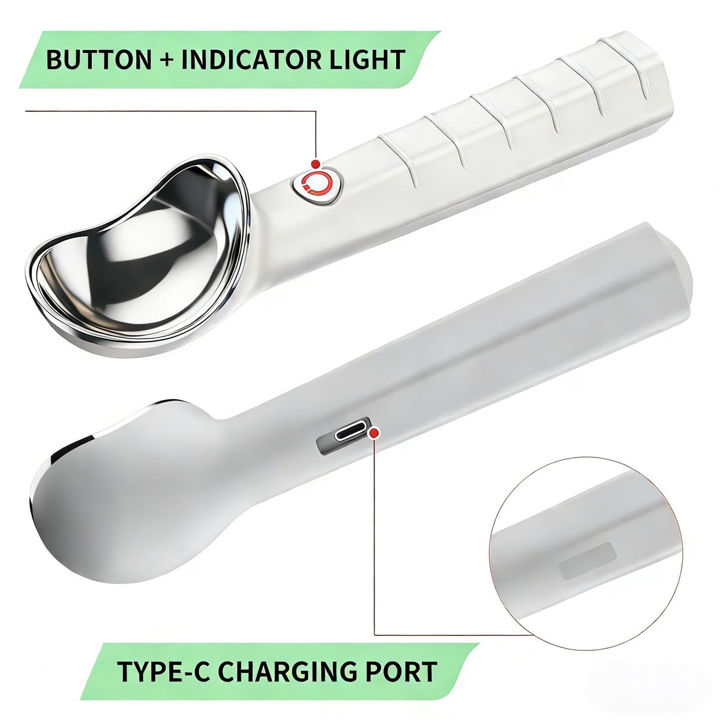 Heated Ice Cream Scoop, 2-in-1 Electric Scooper with ON/Off Switch, 2-Temp Adjustable (113°F-158°F), IP67 Waterproof, Rechargeable, Perfect for Hard Ice Cream, Seniors, Kids, Ideal Gift