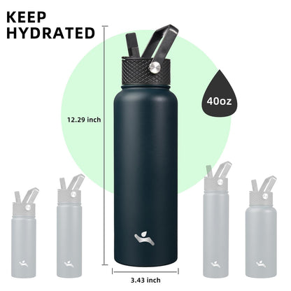 Konokyo 40oz Insulated Water Bottle Stainless Steel Sport Bottles with 3 Lids,Navy Blue