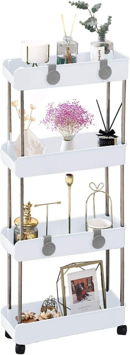 4-Tier Melody House Slim Mobile Shelving Unit on Wheels, Slide Out Rolling Bathroom Storage Organizer, Utility Carts