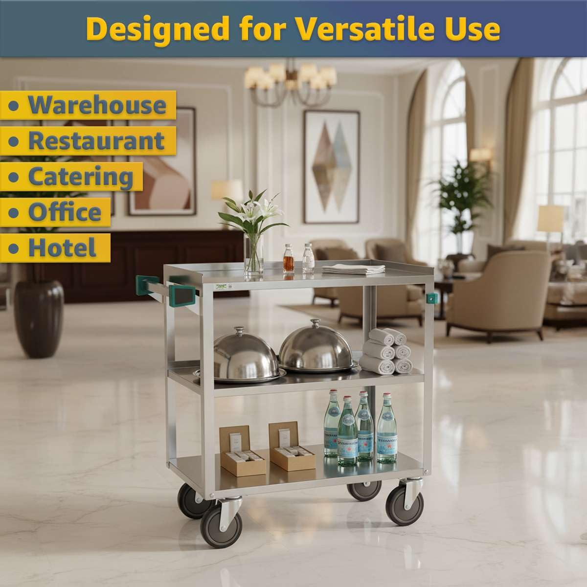 19" x 30.5" Commercial Stainless Steel Utility Cart NSF - Three Shelf Rolling Service Cart with Handle and 5" Casters - 300 lb Capacity, Rolling Cart for Warehouse and Restaurant