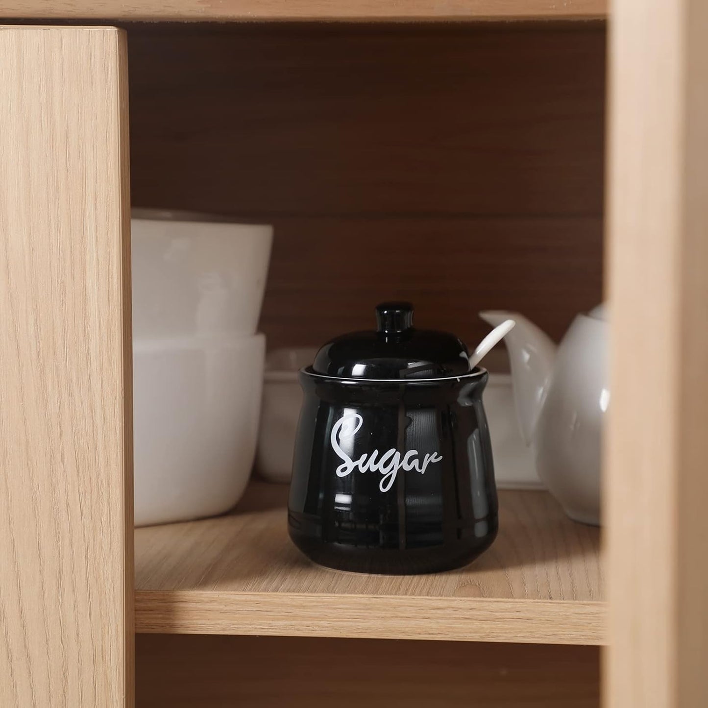 HAOTOP Farmhouse Porcelain Sugar Bowl with Lid and Spoon, 12oz, Easy to Clean (Black)