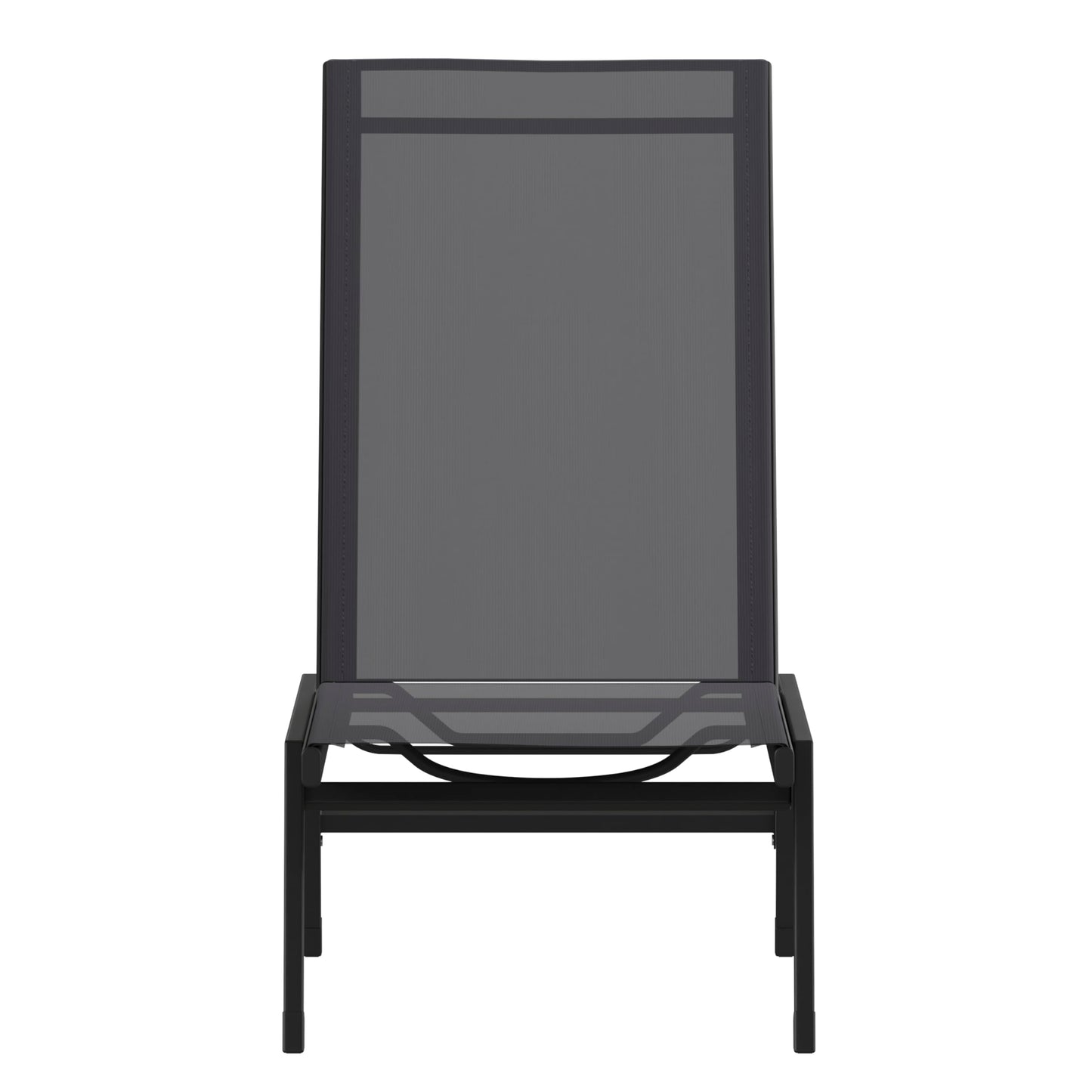 EMMA + OLIVER Braelin Adjustable Patio Chaise Lounge - Black Textilene Seat - Armless Design - 5 Recline Positions - Metal Frame - All-Weather - Set of 2