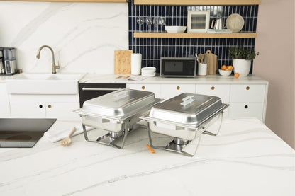 Alpha Living 4 Pack Chafing Dish Full Set – Stainless Steel Catering Chafer with Lids, Pans & Fuel Holders – Buffet Food Warmers for Parties, Events & Weddings – Alpine Gray Handles