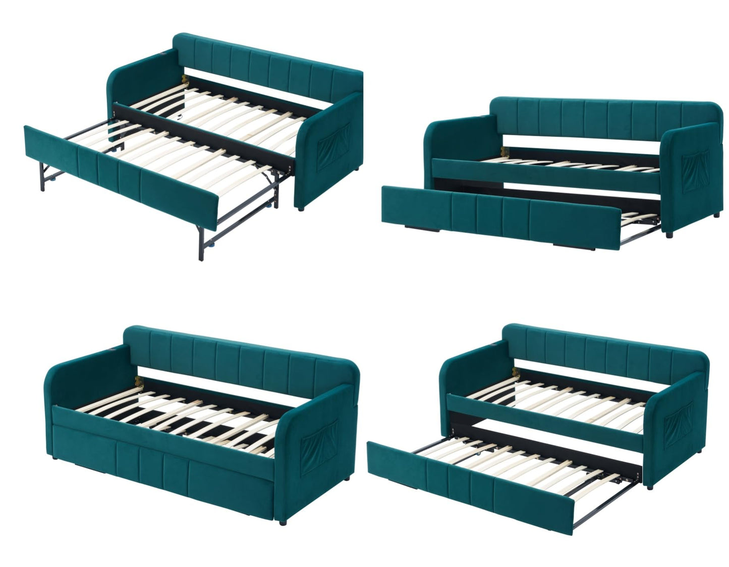 KEIKI Twin Velvet Corner Daybed with Liftable Trundle, USB Charging, Pockets, Converts to King Size, Upholstered Headboard Captain Sofa Day Bed Frames for Small Room, Bedroom, Kids' Room, Emerald