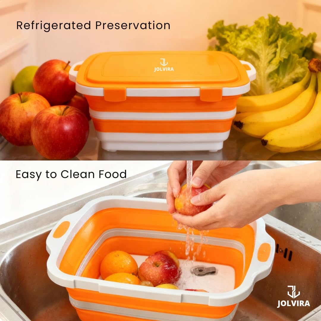 JOLVIRA Collapsible BBQ Prep Tub with Lid – 8L Multifunctional Food & Meat Prep Basin for Vegetables, Fruits, Washing, Storage and Outdoor Cooking