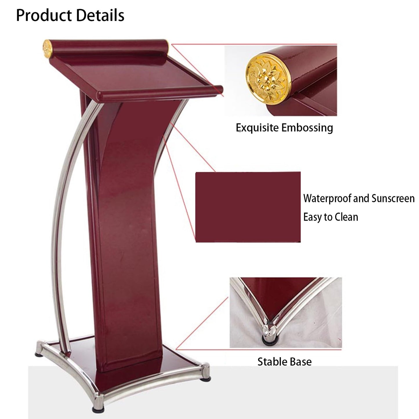Curved Metal Podium, Brown Stand up Church Pulpit, Stainless Steel Conference Lectern for Office Stage Studio
