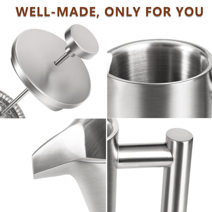 SZHETEFU French Press 34 OZ, Durable Stainless Steel French Press Coffee Maker, Double-Wall Insulated Coffee Presses for Travel Camping Tea, Easy to Use, Dishwasher Safe (Silver Matte)