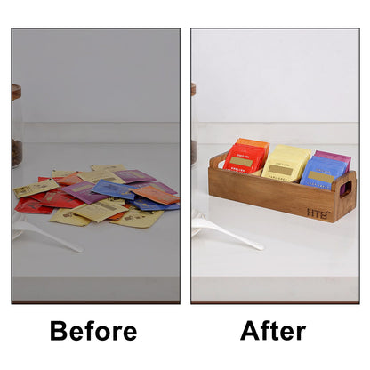 HTB Small Wooden Tea Bag Box 2PCS, 3 Compartments Acacia Wood Tea Bag Chest with Handle, Mini Countertop Divided Storage Container for Beverage Supplies, Sugar, Sweeteners, Individual Packets
