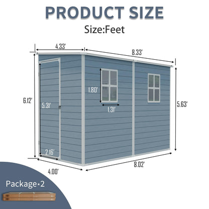 4FT x 8FT Resin Outdoor Storage Shed with Windows and Ventilation, Lockable Garden Tool Shed with Sloping Roof, Weather Resistant Backyard Storage House for Patio Lawn, Grey