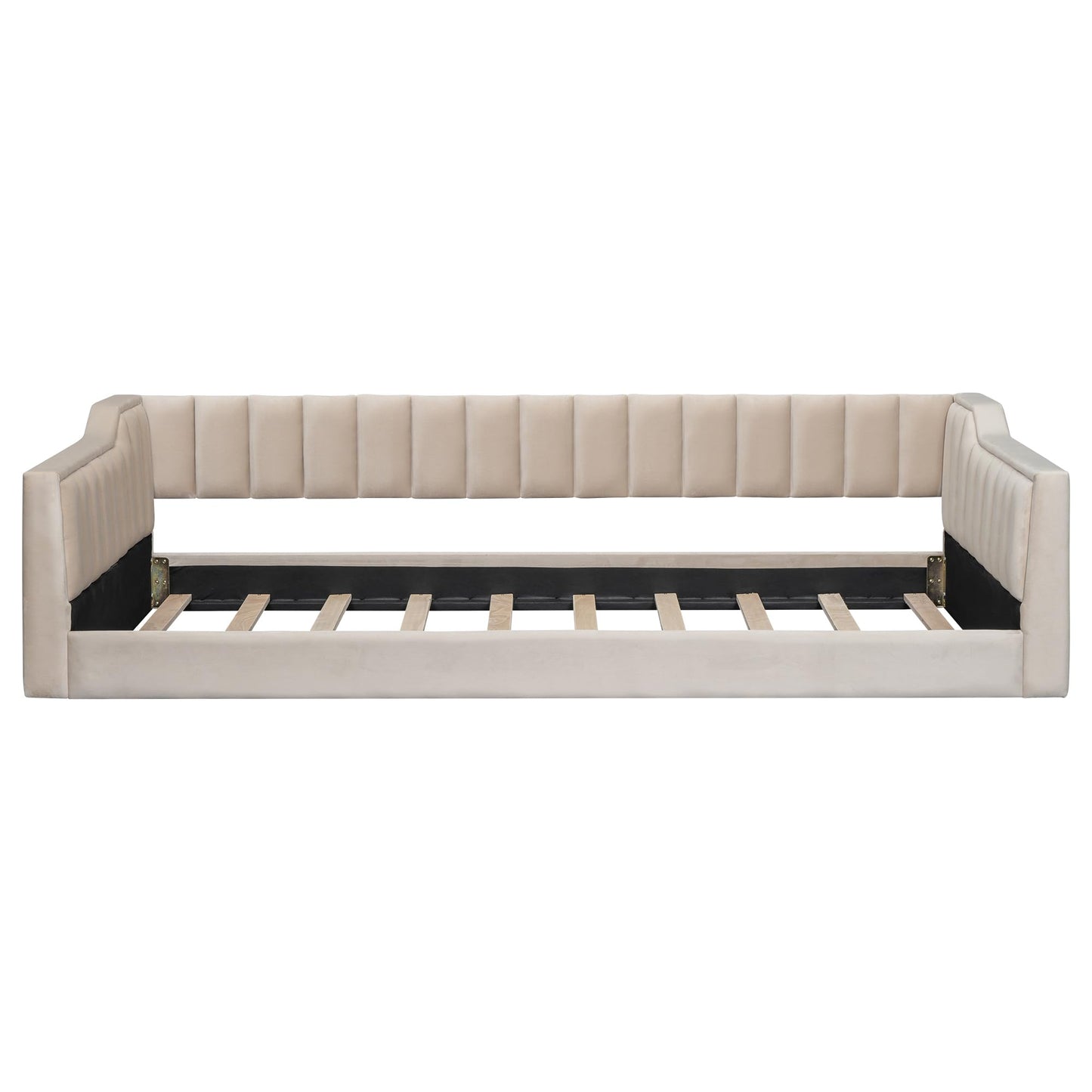DNYN Twin XL Upholstered Daybed with Storage Pocket for Kids,Adults,Pinewood Bedframe w/Wood Slat Support,Easy Assembly & No Box Spring Needed, Beige