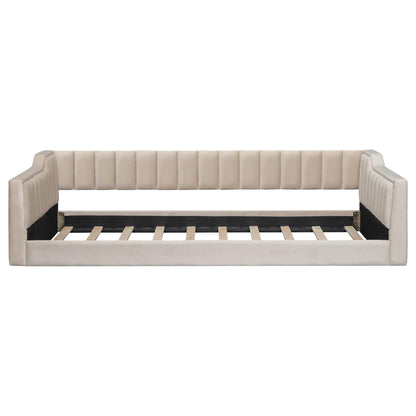 DNYN Twin XL Upholstered Daybed with Storage Pocket for Kids,Adults,Pinewood Bedframe w/Wood Slat Support,Easy Assembly & No Box Spring Needed, Beige