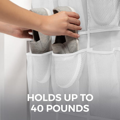 HOME GENIE 24 Pocket Strong Space Saving Over Door Shoe Organizer, Holds Up to 40 Pounds, White