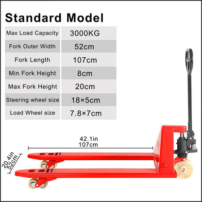 Manual Pallet Jack 3-Ton Capacity, Industrial Pallet Truck 48×27in Fork Size Standard Heavy Duty Hand Trucks(122x68.5x65cm)