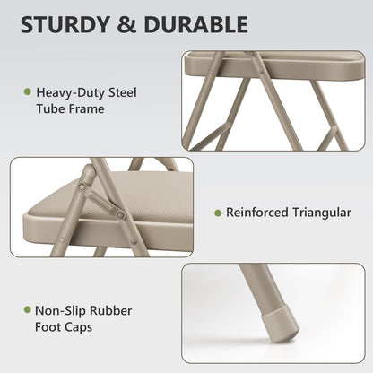 Folding Chairs 12 Pack, PU Leather Padded Folding Chairs for Outside and Indoor, Heavy Duty Portable Foldable Metal Commercial Seat for Home Office, Dorm, Party, Backyard, Lawn, Patio, Khaki