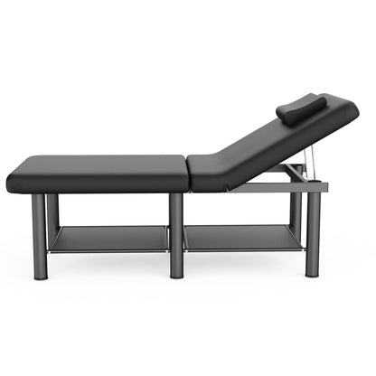 Folding Stationary Massage Table with Backrest and Storage Space for Treatment Table Physical Therapy Table Spa Facial Bed, 6 Round legs Metal Frame PU Leather, 30.5'' Wide × 75'' Long - Black