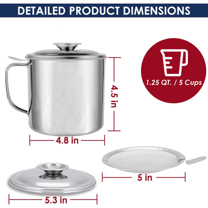 KEISSCO Bacon Grease Container with Strainer, Stainless Steel Oil Storage Can Container with Fine Mesh Strainer Fat Container Pot with Filter Screen, 1.25 QT / 5 Cups Grease Keeper Cooking Oil Keeper