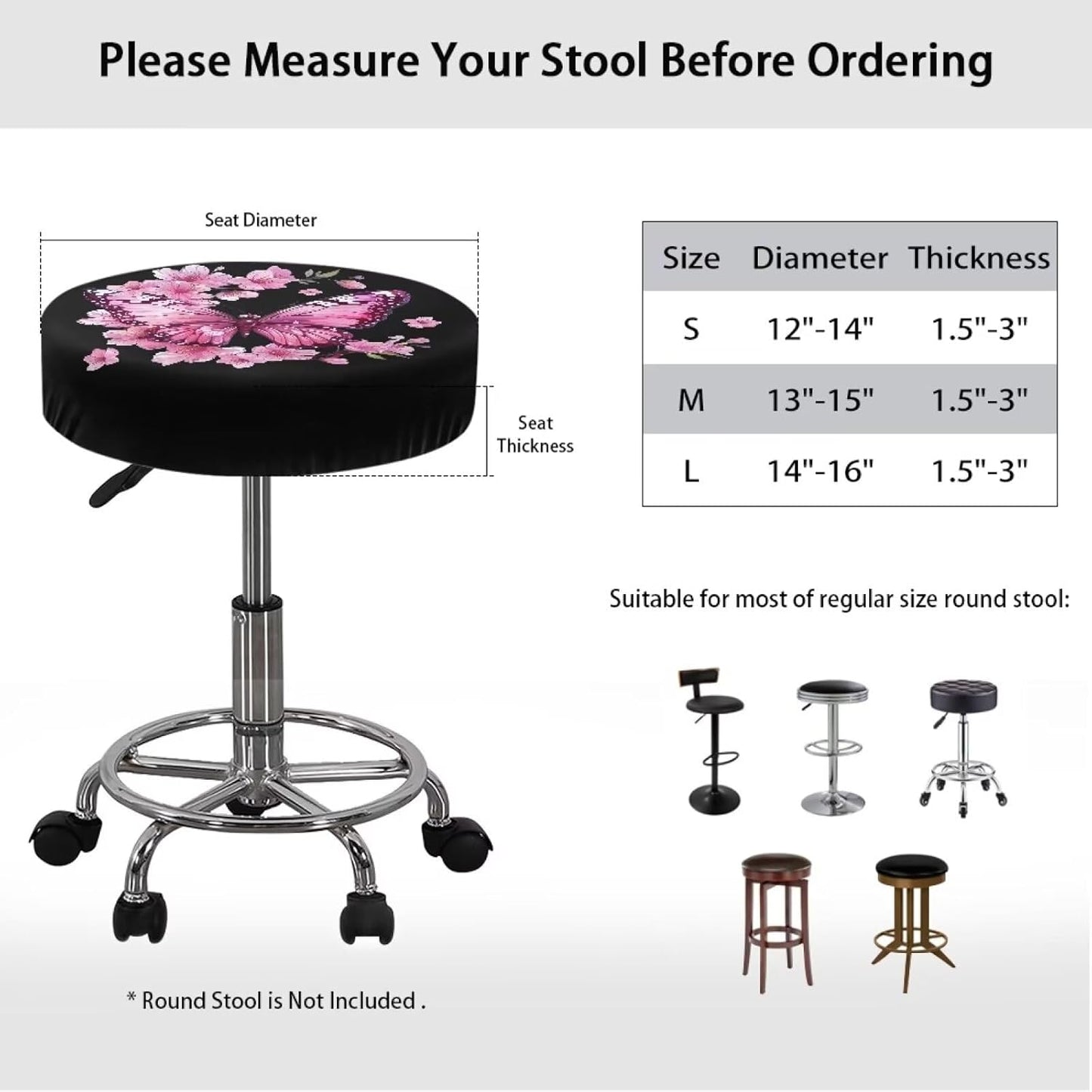 Peach Blossom Bar Stool Covers, Removable Washable Butterfly Print Round Stool Cushion Covers for Dining Room Set of 2