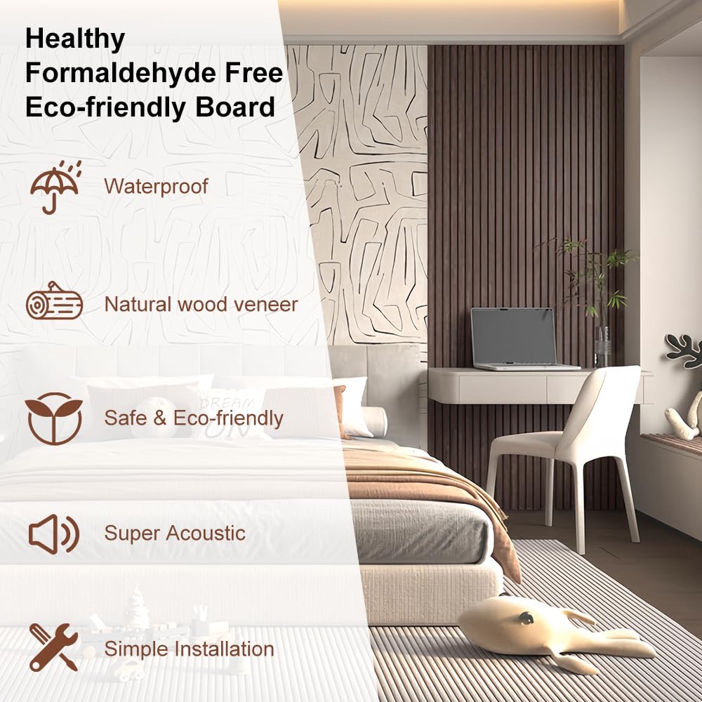 NovaGrid Board 4PCS Acoustic Wood Slat Wall Panels for Wall Decor and Ceiling 3D Fluted Sound Absorbing Panel Soundproof with Wood Finish 108"×6" (Cherry Dark)