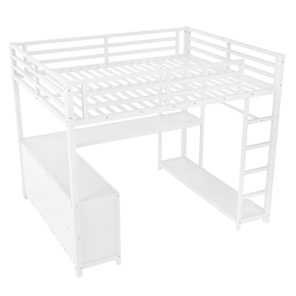 Bellemave Queen Size Loft Bed with Desk & Clothes Rack, All-in-One Heavy Duty Metal Loft Bed Frame with Storage Cube & Shelf, Space Saving Loft Bed Queen Size for Adult, Teen, Kids, Apartment, White