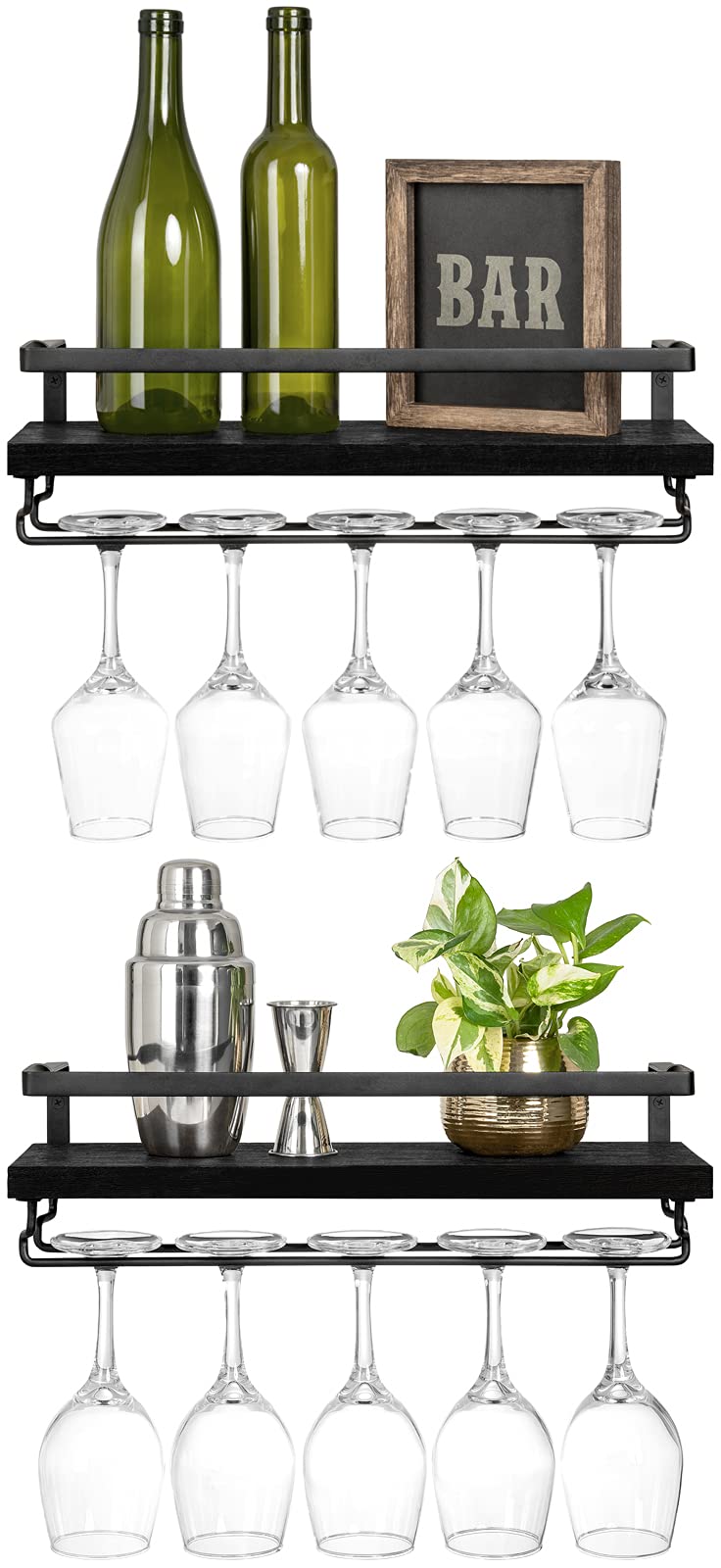 Mkono Wall Mounted Wine Rack Set of 2 Wood Shelf Rustic Wine Bottle Glass Floating Shelves with Stemware Hanger Modern Plants Photos Wine Display Storage Holder for Kitchen Dining Room Bar, Black