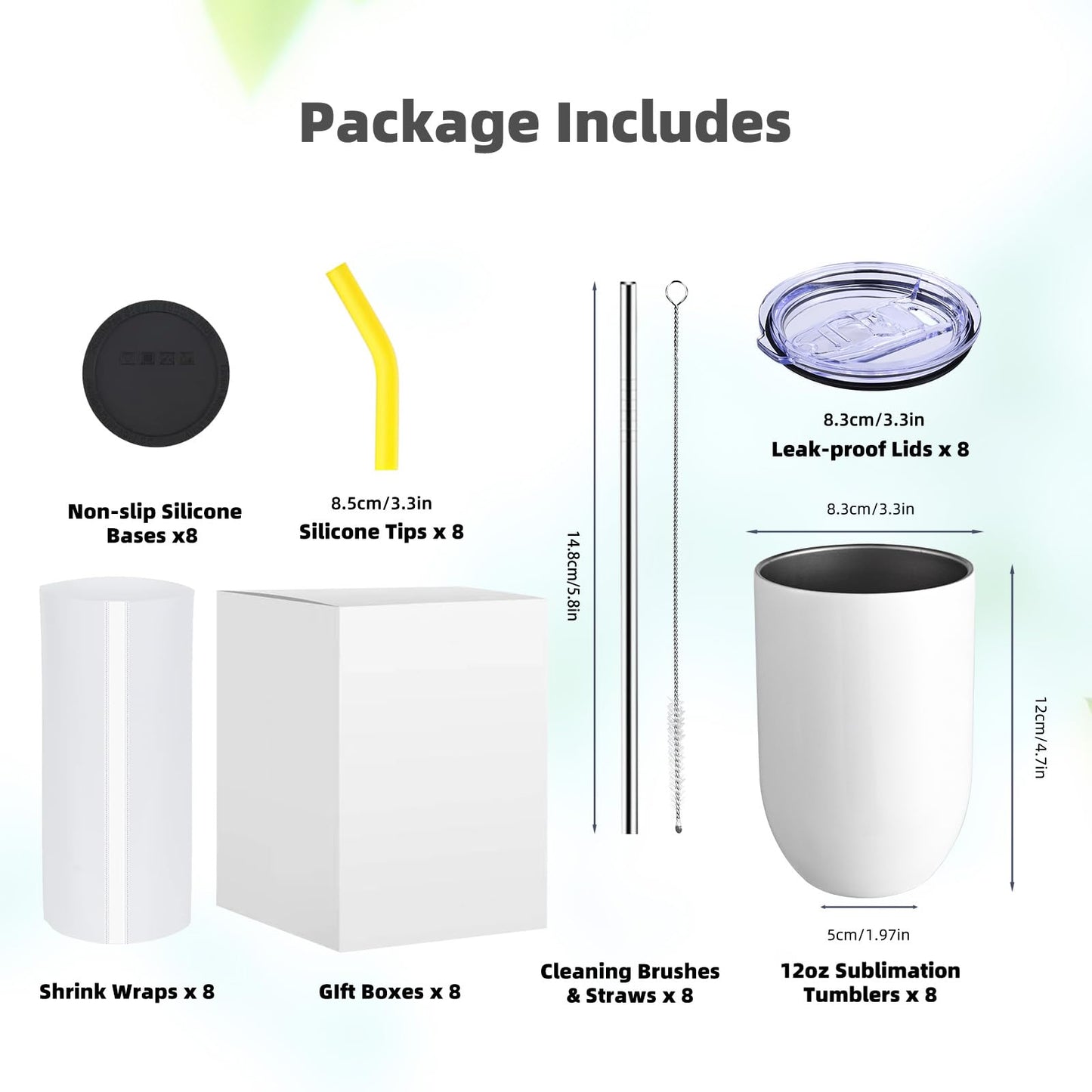 ColorSub Sublimation Wine Tumblers 12oz, 16 Pack Stainless Steel Double Wall Sublimation Blanks Wine Cups with Lids & Straws, Brush, Shrink Wrap, Silicone Straw Tips, Gift Box (Straight 8 Pack)