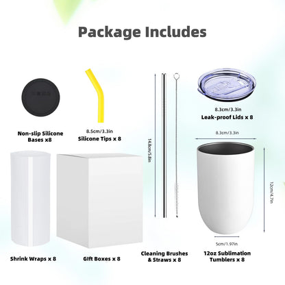 ColorSub Sublimation Wine Tumblers 12oz, 16 Pack Stainless Steel Double Wall Sublimation Blanks Wine Cups with Lids & Straws, Brush, Shrink Wrap, Silicone Straw Tips, Gift Box (Straight 8 Pack)