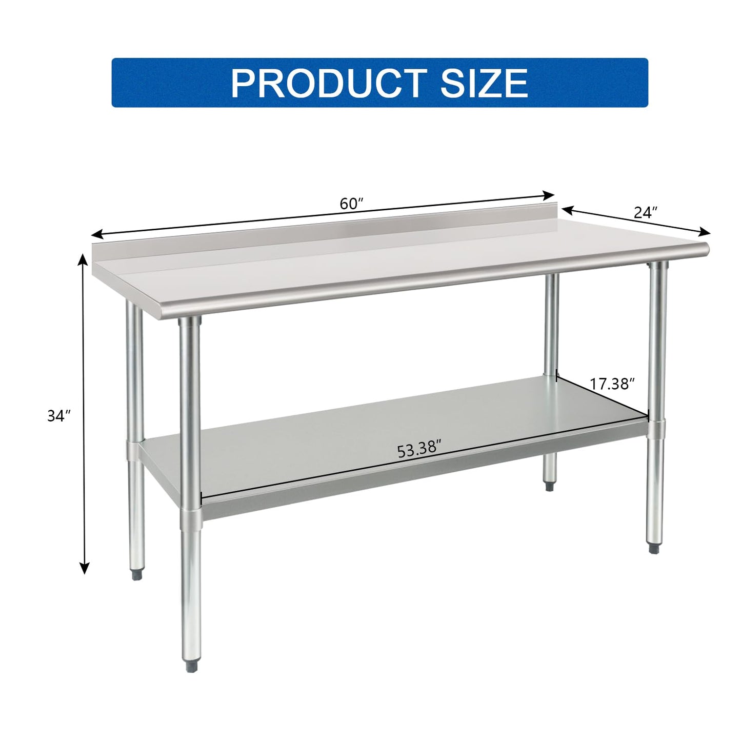 HARDURA Stainless Steel Prep & Work Table 30 x 60 Inches NSF Heavy Duty Commercial with Undershelf and Backsplash, Galvanized Legs for Commercial Food Prep