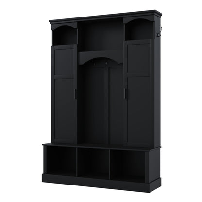 FILWY ON-Trend Modern All-in-One Hall Tree with Adjustable Shelves, Classic Arched Farmhouse Storage Bench with Dual Side Cabinets, Elegant Entryway Organizer with 7 Hooks for Mudroom, Hallway