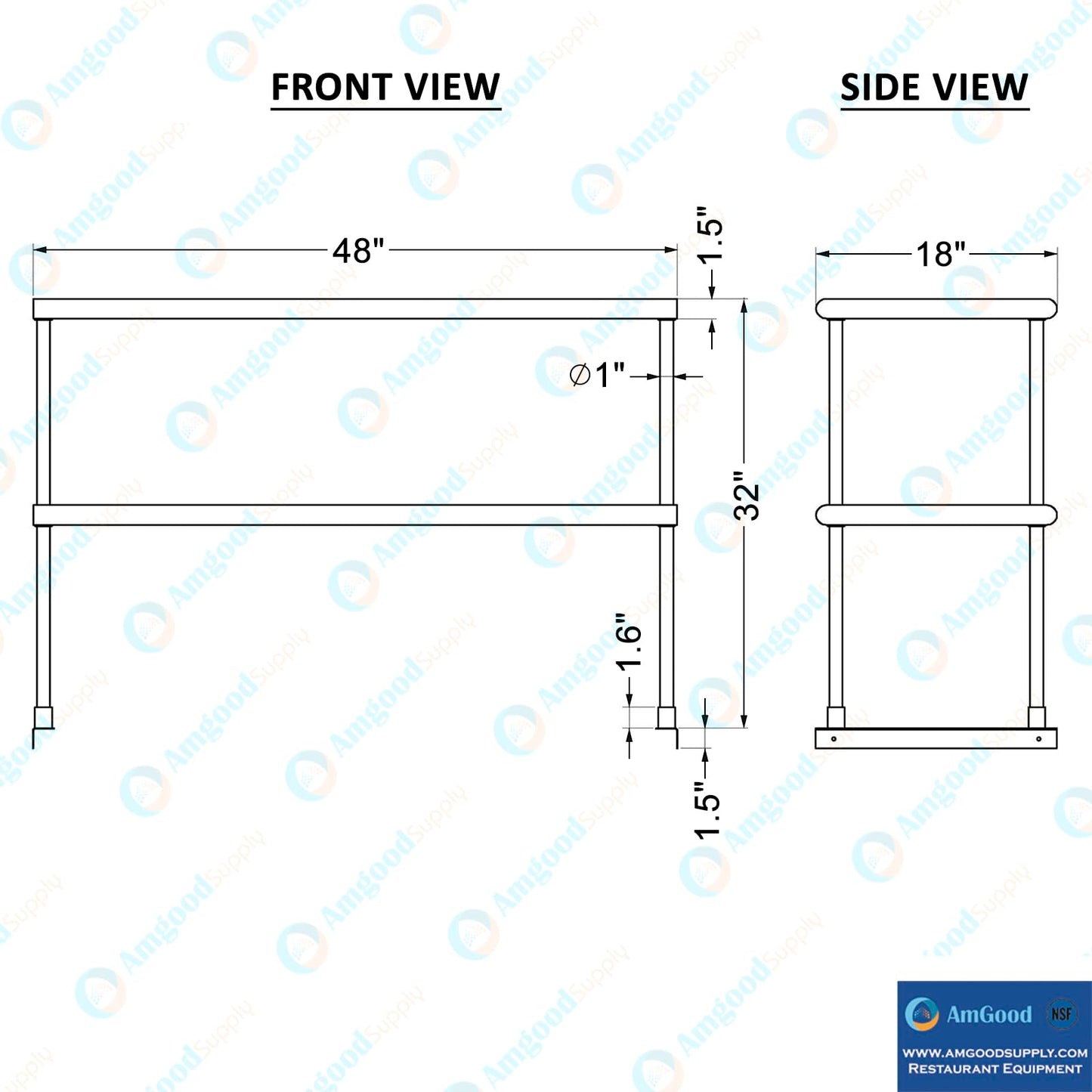 AmGood 48 Inch Double Tier Overshelf, 48 in. x 18 in. x 32 in. Stainless Steel Table Mount Shelf, 2 Tier Over Shelf for Prep Tables, Commercial Kitchen Storage Rack, Restaurant Equipment, NSF