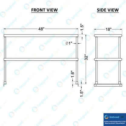 AmGood 48 Inch Double Tier Overshelf, 48 in. x 18 in. x 32 in. Stainless Steel Table Mount Shelf, 2 Tier Over Shelf for Prep Tables, Commercial Kitchen Storage Rack, Restaurant Equipment, NSF