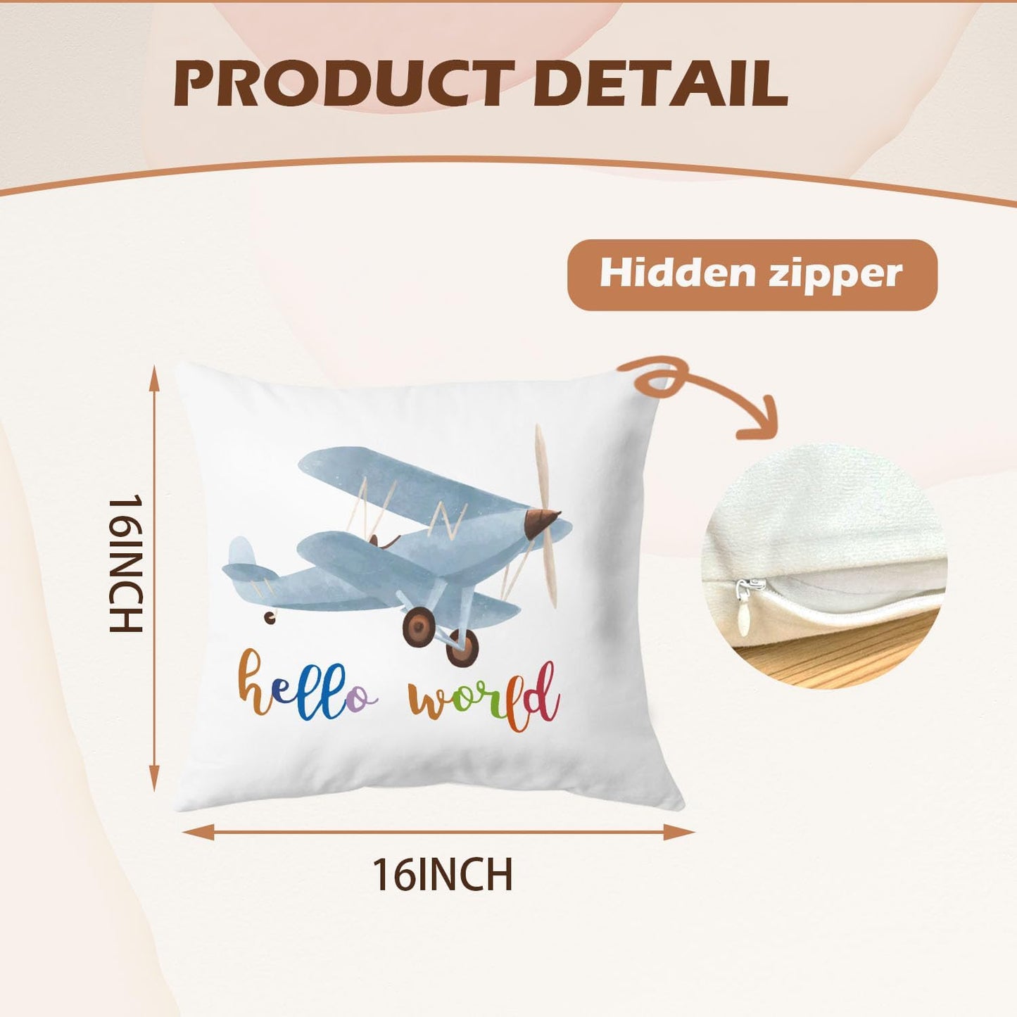16x16 Set 2, Hot Air Balloon Airplane Nursery Decor, Hello World Adventure Awaits Airplane Hot Air Balloon Pillow Case