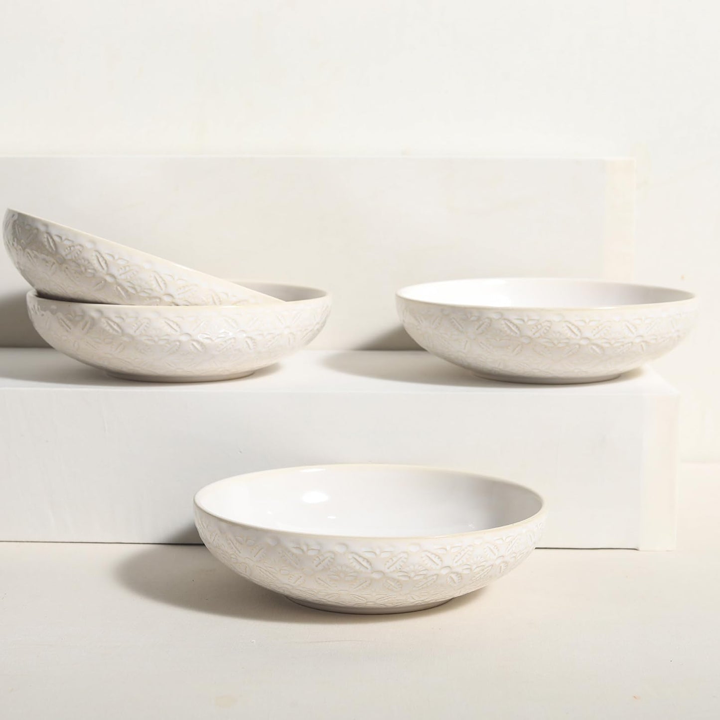 Feenmai 8" Ceramic Pasta Bowls, 22 Oz Serving Bowls Set of 4, Porcelain Shallow Soup Bowl, Embossed Serving Dishes for Pasta, Fruit, Salad, Housewarming Gift, Dishwasher Safe