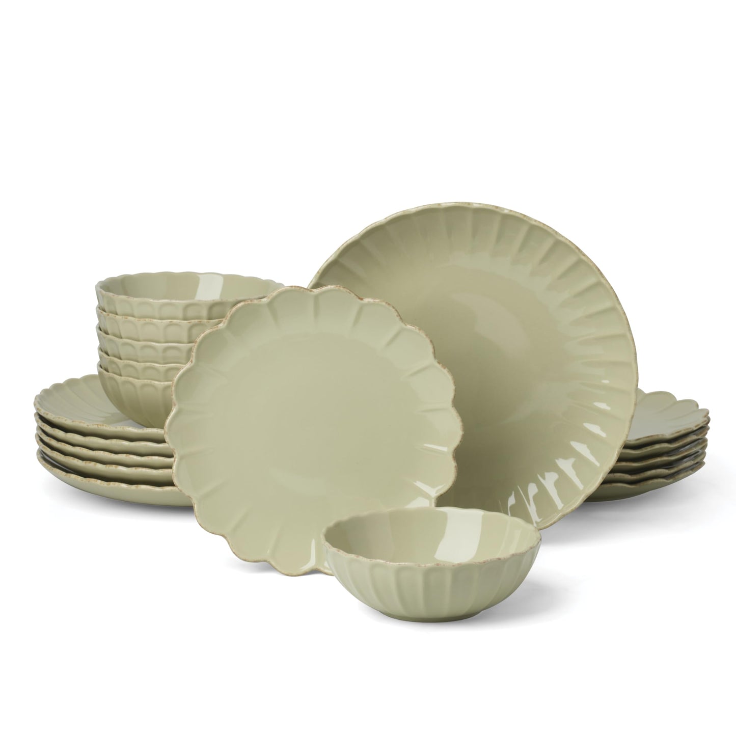 Lenox Stoneware Dinnerware Sets For 6, French Perle Scallop Matcha 18-Piece Dinnerware Set, Service For 6, Dishwasher Safe Ceramic Plates, Stoneware Dinner Plates and Bowls Sets (Green, 18 Piece)