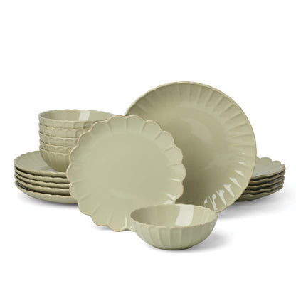 Lenox Stoneware Dinnerware Sets For 6, French Perle Scallop Matcha 18-Piece Dinnerware Set, Service For 6, Dishwasher Safe Ceramic Plates, Stoneware Dinner Plates and Bowls Sets (Green, 18 Piece)