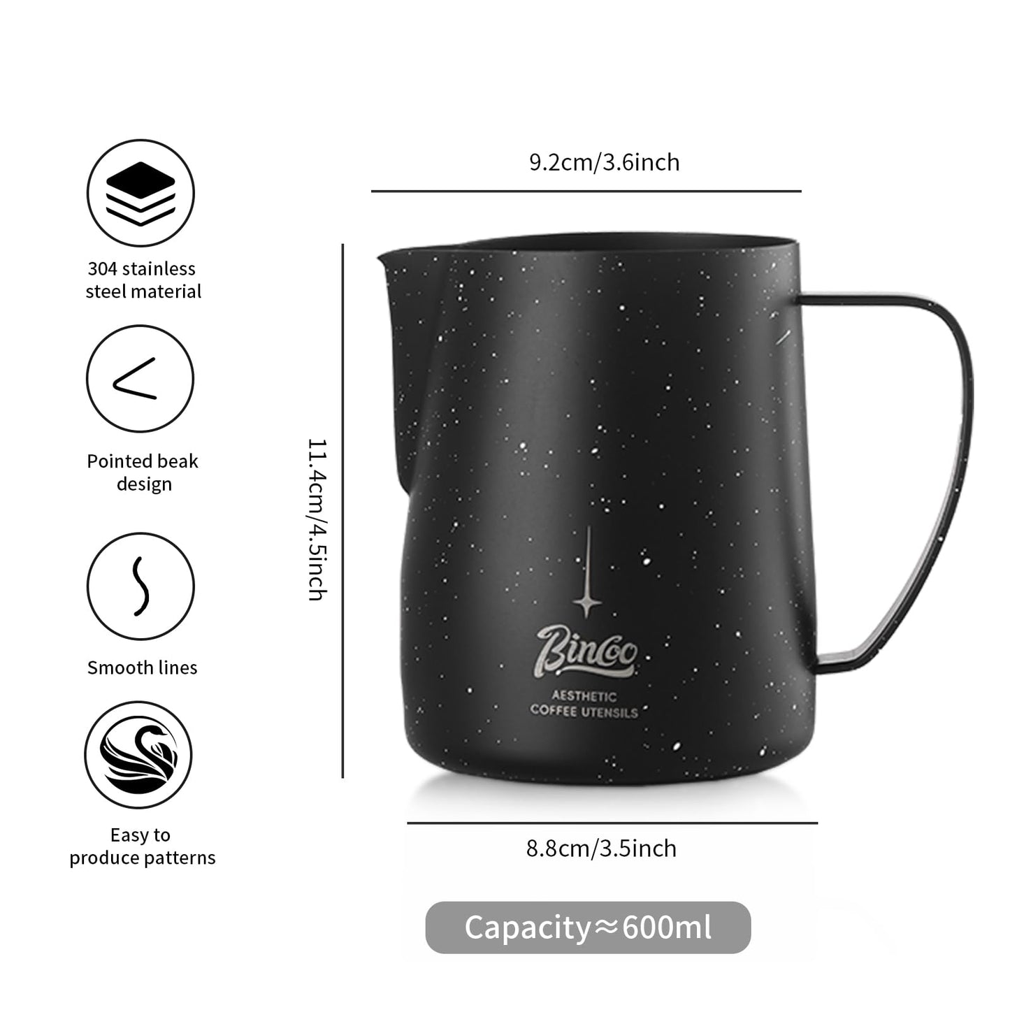 Bincoo Star Milk Frothing Pitcher 21oz/600ml,Espresso Steaming Pitcher,Espresso Machine Accessories,Milk Frother cup,Milk Coffee Cappuccino Latte Art for Home Coffee Bar(Black 20oz)