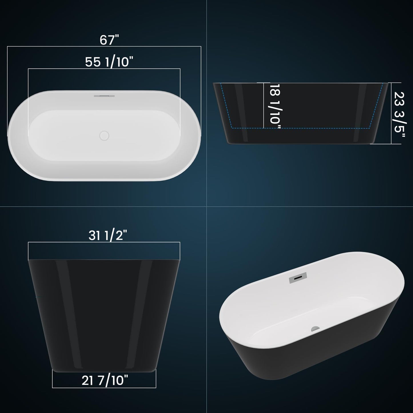 Freestanding Bathtub – Acrylic Extra Large Soaking Bathtub, 67 Inch Modern Free Standing Tub with Chrome Drain & Overflow, Black & White Freestanding Tub for Home Spa