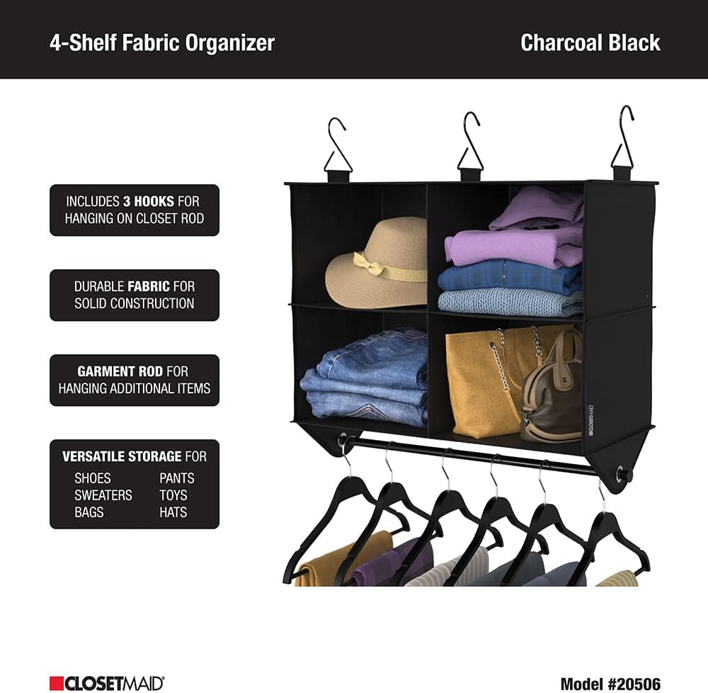 ClosetMaid 4-Shelf Closet Fabric Hanging Organizer with Garment Rod for Shirts, Sweaters, Pants, Hats, Shoes, Purses