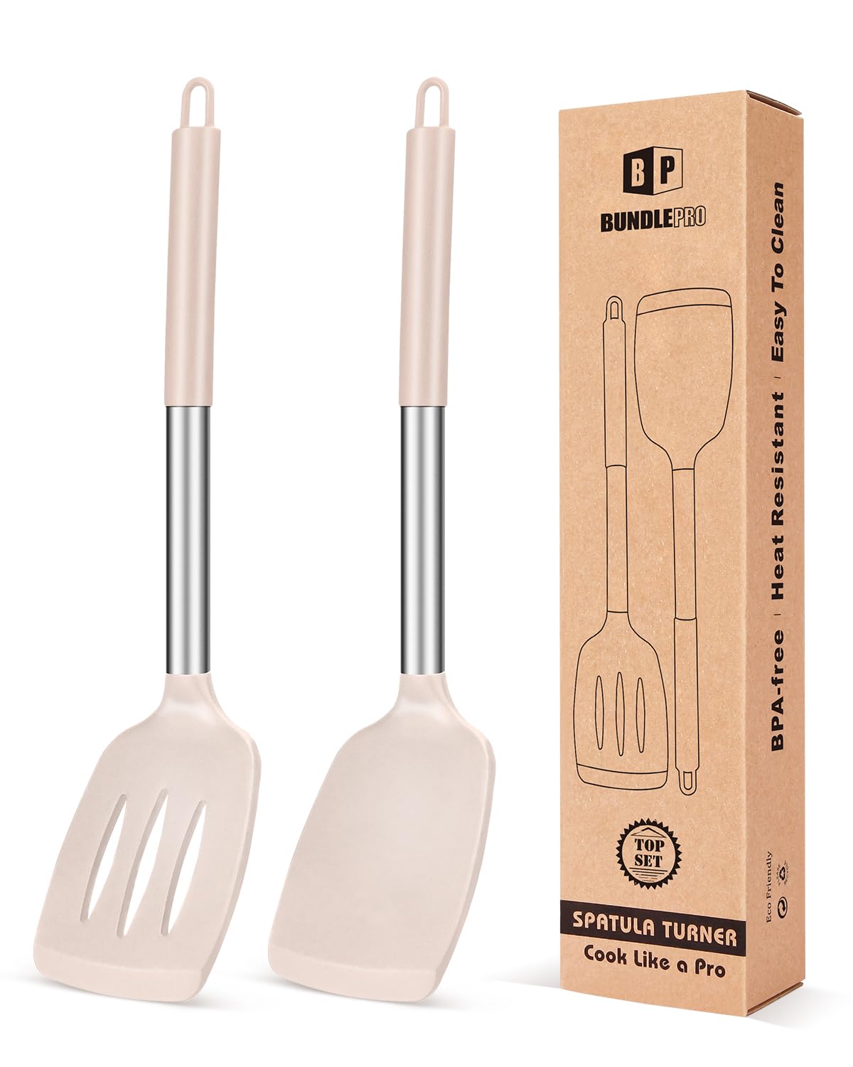 Pack of 2 Silicone Solid Turner, Non Stick Slotted Kitchen Spatulas, High Heat Resistant BPA Free Cooking Utensils, Ideal Cookware for Fish, Eggs, Pancakes(Stainless Steel Khaki)