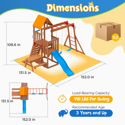 Dolphin Playground Cedar Wooden Swing Sets, Outdoor Playset with Monkey Bar, Heavy Duty Backyard Playset for Kids 3-10, 2-in-1 Picnic Table, 6FT Wave Slide, Climbing Wall, Belt Swings