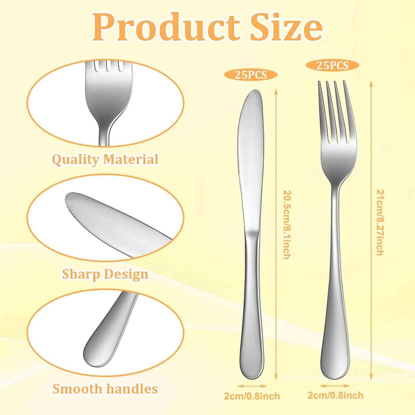SHENLIU 50 Pieces Stainless Steel Fork and Knife Set, 8 inches Silverware Set with 25 Dinner Knives and 25 Dinner Forks, Dishwasher Safe Tableware Cutlery for Kitchen Restaurant Home
