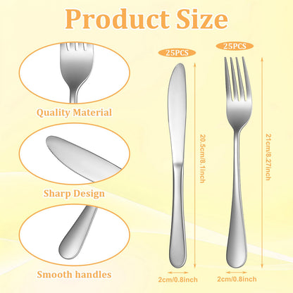 SHENLIU 50 Pieces Stainless Steel Fork and Knife Set, 8 inches Silverware Set with 25 Dinner Knives and 25 Dinner Forks, Dishwasher Safe Tableware Cutlery for Kitchen Restaurant Home