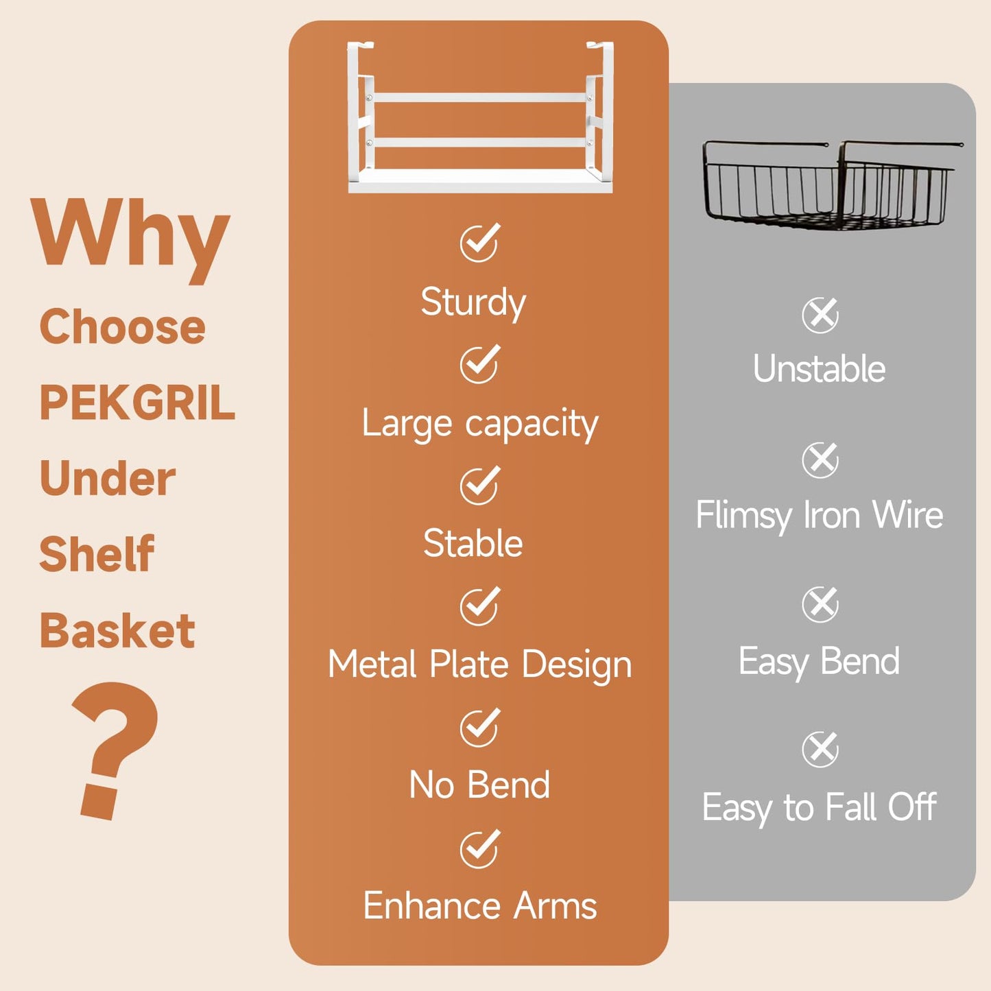 PEKGRIL 2 Pack Large Under Shelf Basket, White Undershelf Storage Basket, Heavy Duty Slide-in Hanging Storage Basket, Metal Under Cabinet Organizer for Kitchen, Pantry, Desk, Bookshelf, Cabinet