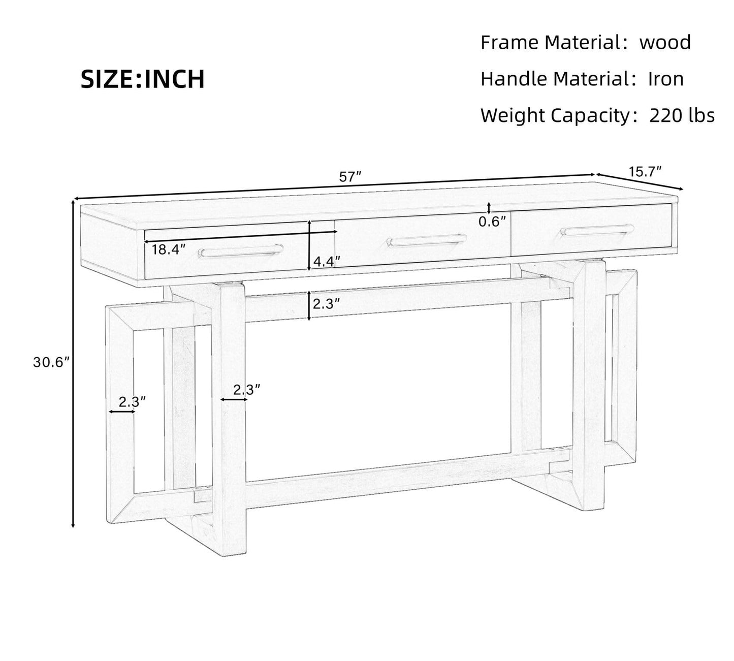 57” Console Sofa Table with 3 Storage Drawers, Modern Long Narrow Behind Couch Furniture for Living Room, Entryway, Foyer, Entrance, Hallway, Front Door, Corridor, Grey and White