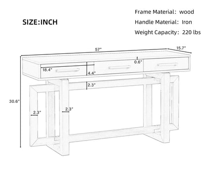 57” Console Sofa Table with 3 Storage Drawers, Modern Long Narrow Behind Couch Furniture for Living Room, Entryway, Foyer, Entrance, Hallway, Front Door, Corridor, Grey and White