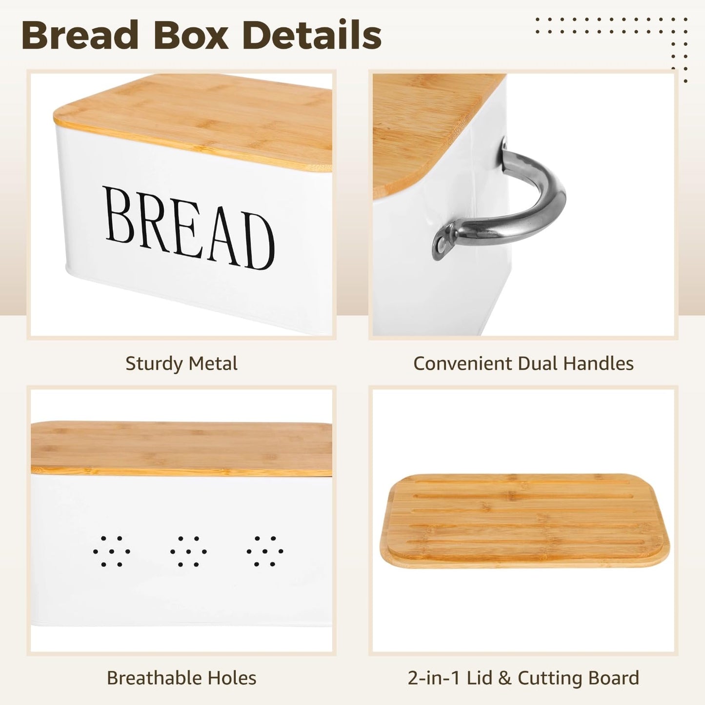Bread Box and Butter Dish, Metal Bread Storage Container with Cutting Board Wood Lid, Ceramic Butter Dish with Sealing Wood Lid & Cutter