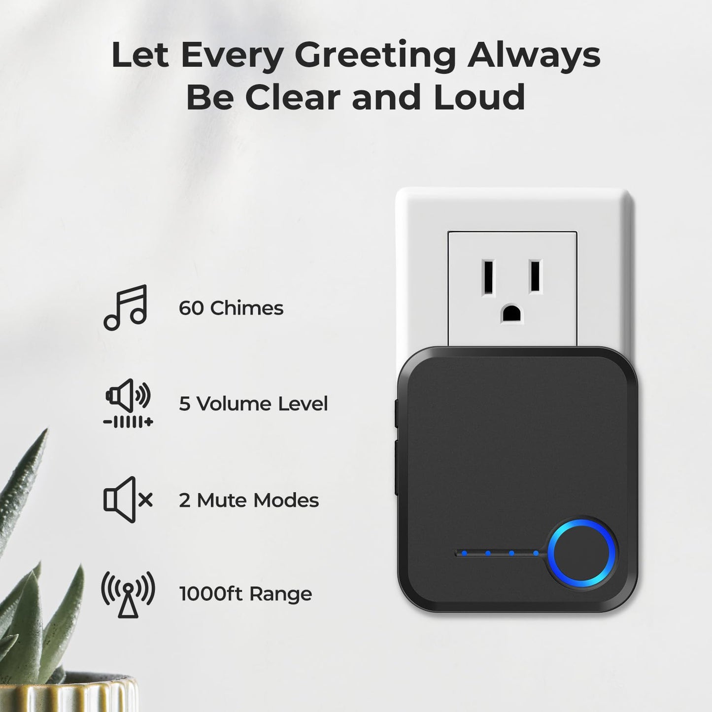 Wireless Doorbell, Waterproof Door Bell with 60 Chimes, 5 Levels Volume and LED Flash, 1000ft Long Range Classroom Doorbell for Home Office Hospital (2 Receiver & 1 Button, Black)