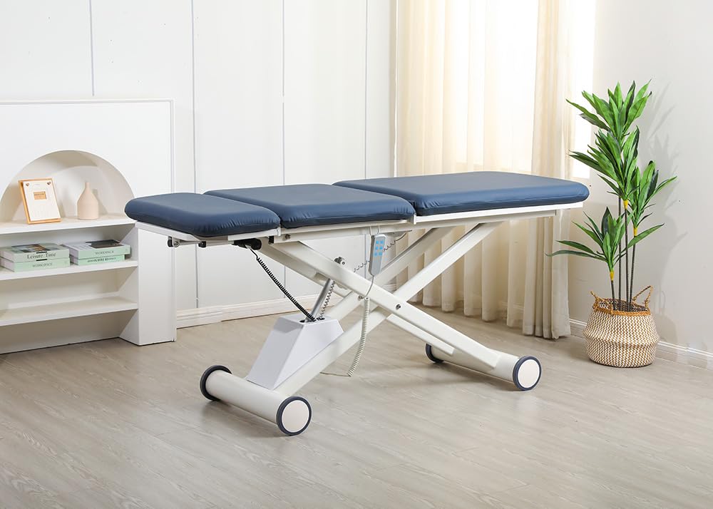 Demixson Electric Hi-Lo Physical Therapy Table, 3 Motor Medical Treatment Bed, 18”–76.3” Height, 600lb Capacity, Reversible Head, Locking Casters(Navy Blue)